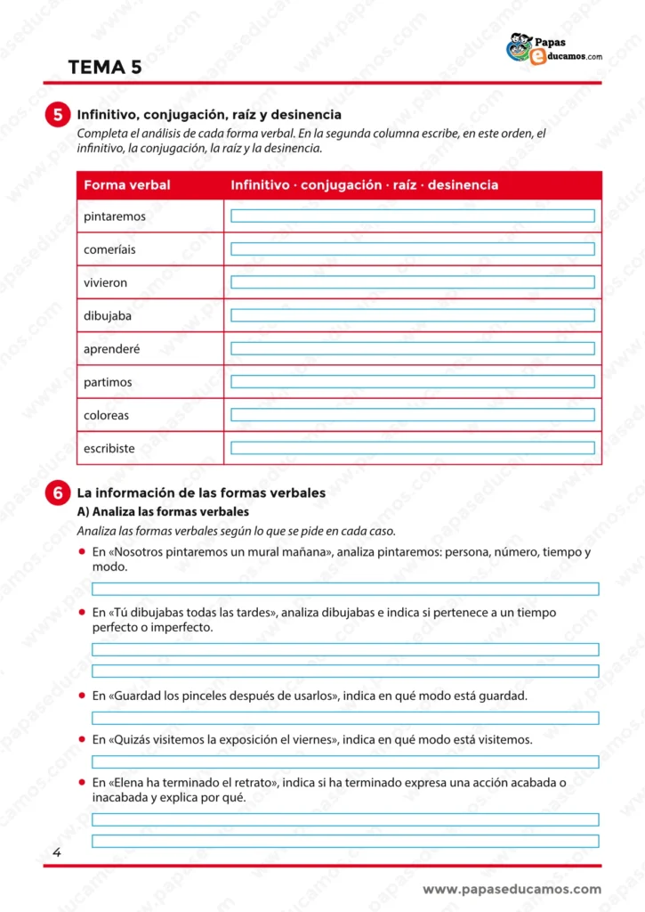 Ejercicios de gramática de 6º de Primaria sobre infinitivo, conjugación, raíz, desinencia y análisis de formas verbales.