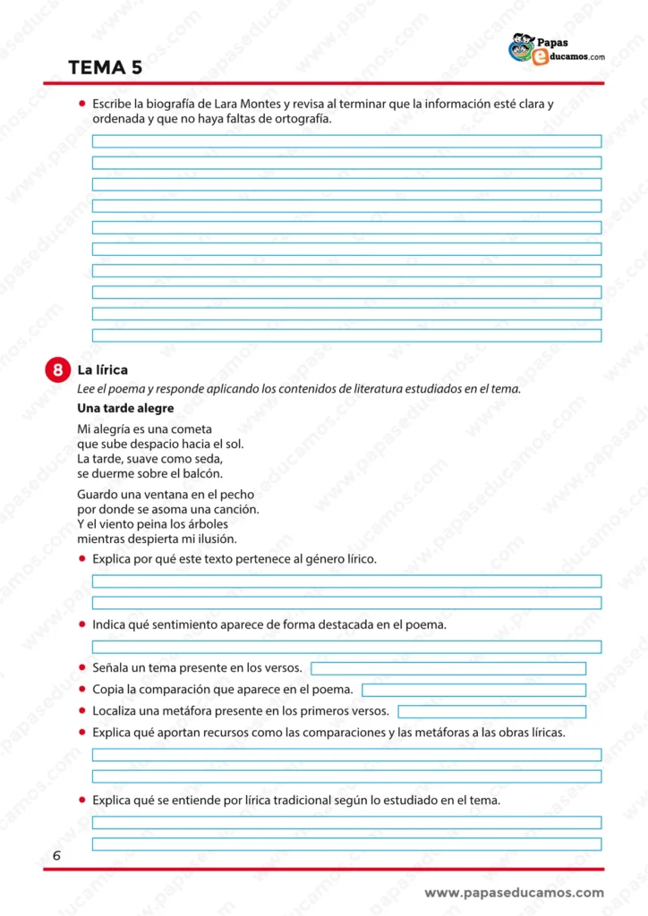 Ficha de Lengua de 6º de Primaria con espacio para escribir una biografía y ejercicios de literatura sobre la lírica y el poema Una tarde alegre.