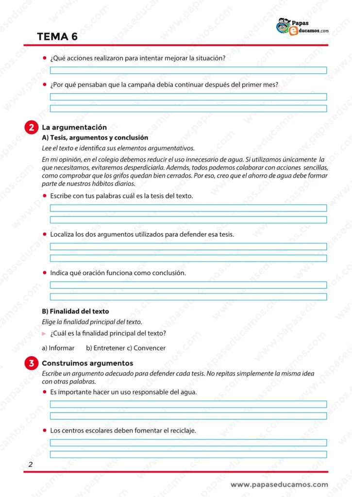 Actividades de Lengua de sexto sobre comprensión lectora, argumentación, tesis, argumentos, conclusión y finalidad de los textos argumentativos.
