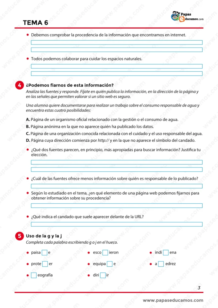 Ficha del Tema 6 con ejercicios para construir argumentos, analizar la fiabilidad de fuentes en internet y practicar el uso de la g y la j.
