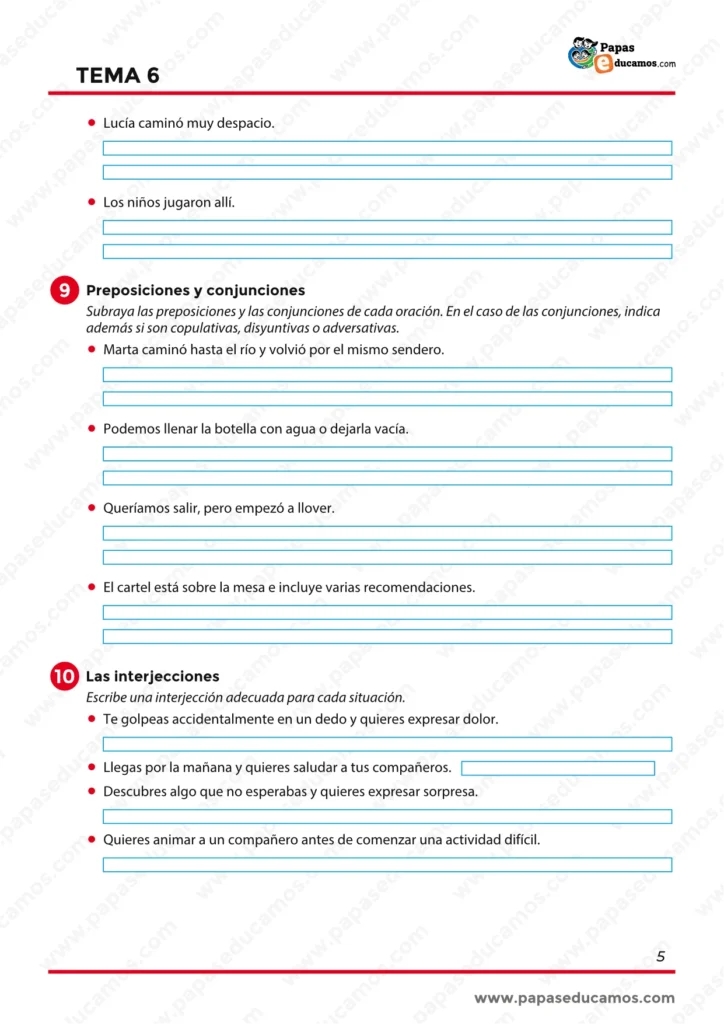 Ejercicios de ortografía sobre las reglas de la g y la j, clasificación de palabras variables e invariables y actividades sobre adverbios.