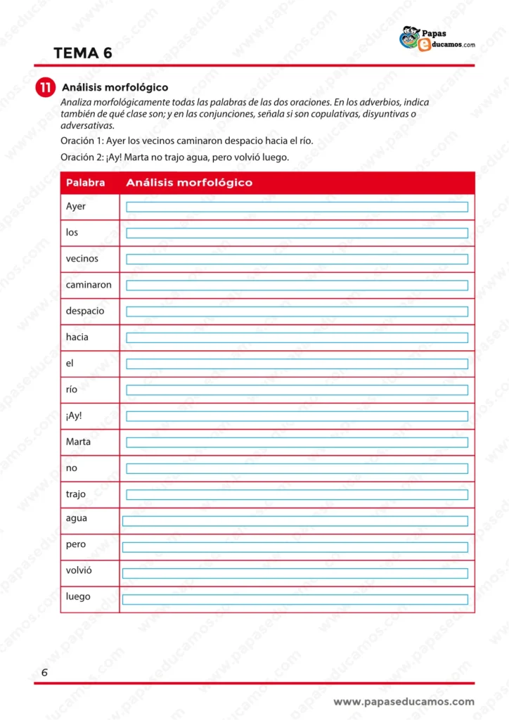 Tabla de análisis morfológico para clasificar las palabras de varias oraciones, incluyendo adverbios, preposiciones, conjunciones e interjecciones.