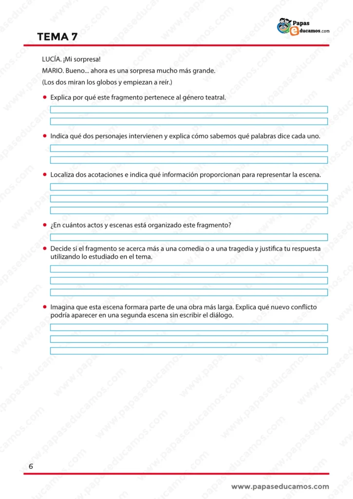 Ejercicios de literatura sobre el género teatral, con preguntas para analizar personajes, diálogos, acotaciones, actos, escenas y el tono cómico o trágico del fragmento.