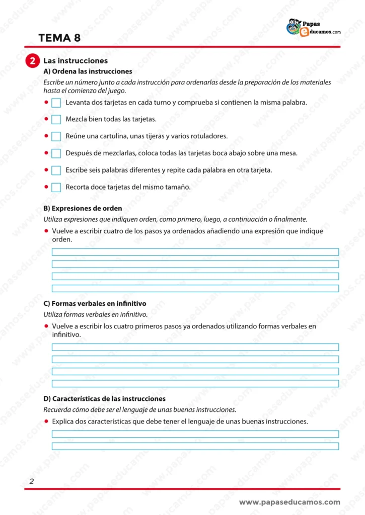 Actividades de Lengua de sexto sobre instrucciones, orden de pasos, expresiones de orden, uso del infinitivo y características del lenguaje instructivo.