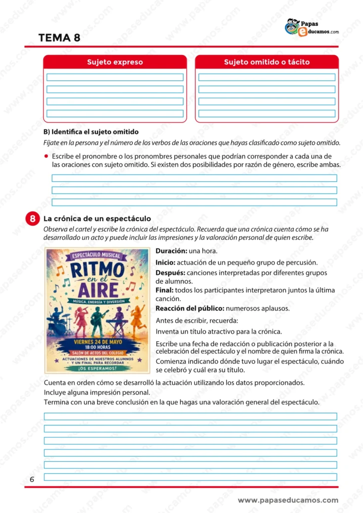 Ejercicios finales del Tema 8 sobre sujeto expreso y omitido, junto con una actividad de escritura para redactar la crónica de un espectáculo musical.