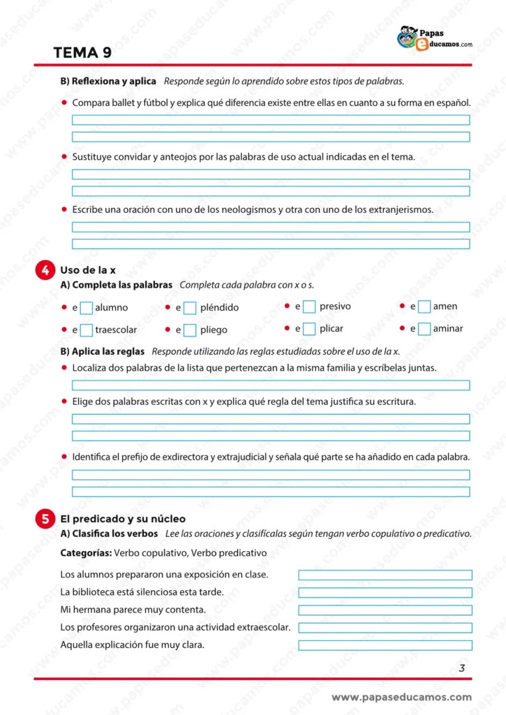 Ficha de Lengua de sexto con ejercicios sobre extranjerismos, arcaísmos, neologismos, uso ortográfico de la x y clasificación de oraciones según el tipo de verbo.