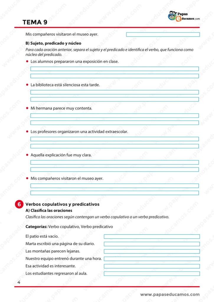 Ejercicios de gramática sobre sujeto, predicado, núcleo del predicado y clasificación de verbos copulativos y predicativos.