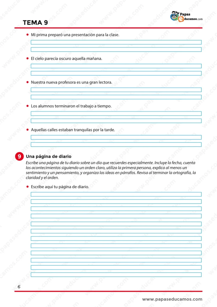 Ejercicios de análisis sintáctico y actividad de escritura para redactar una página de diario en primera persona sobre un día especial.