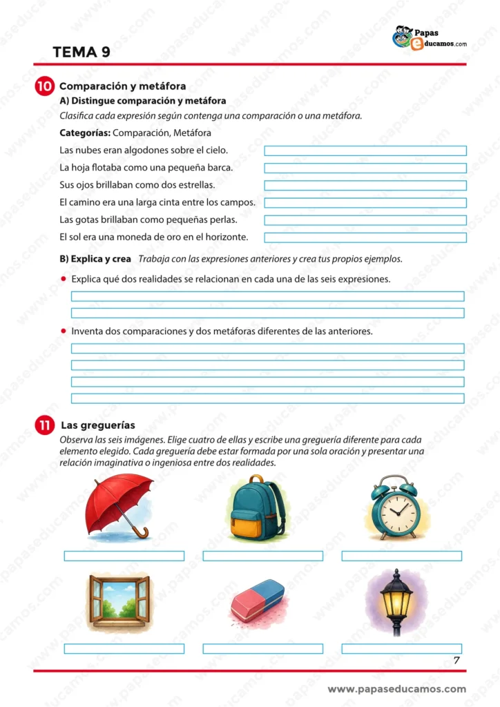 Actividades de literatura sobre comparación, metáfora y greguerías, con imágenes para crear frases ingeniosas a partir de distintos objetos.