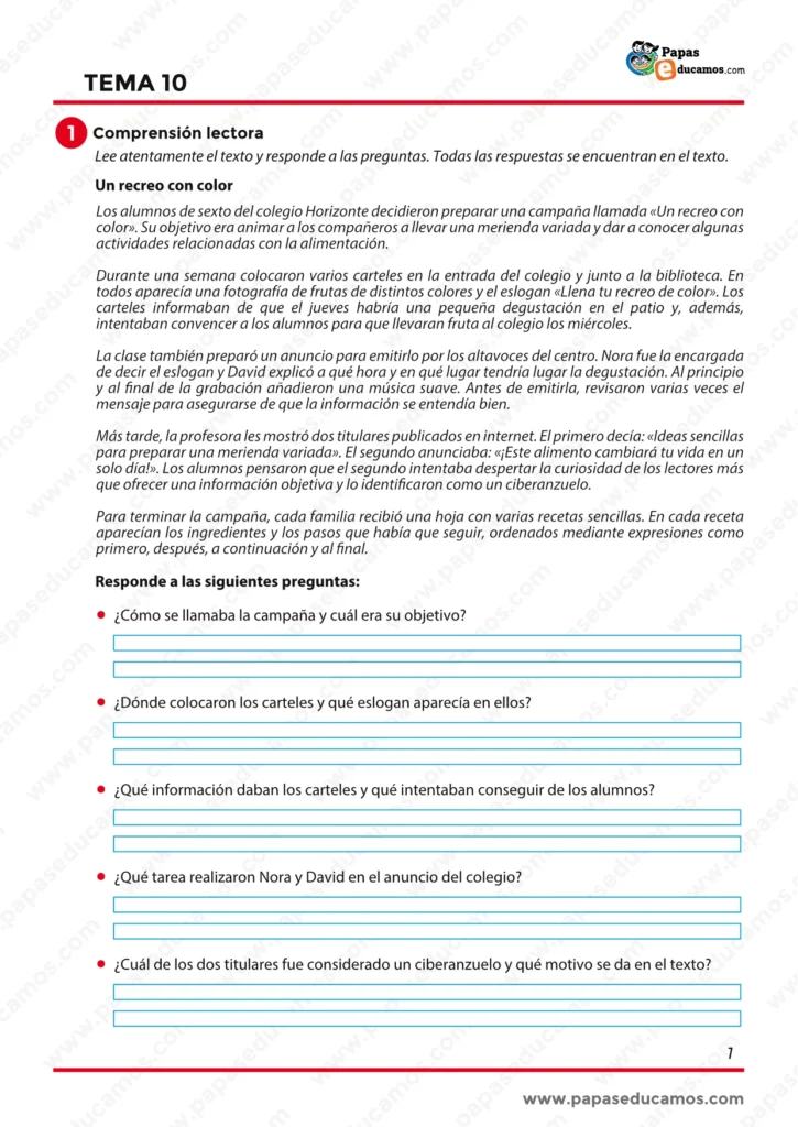 Comprensión lectora del texto Un recreo con color, sobre una campaña escolar para fomentar meriendas saludables.