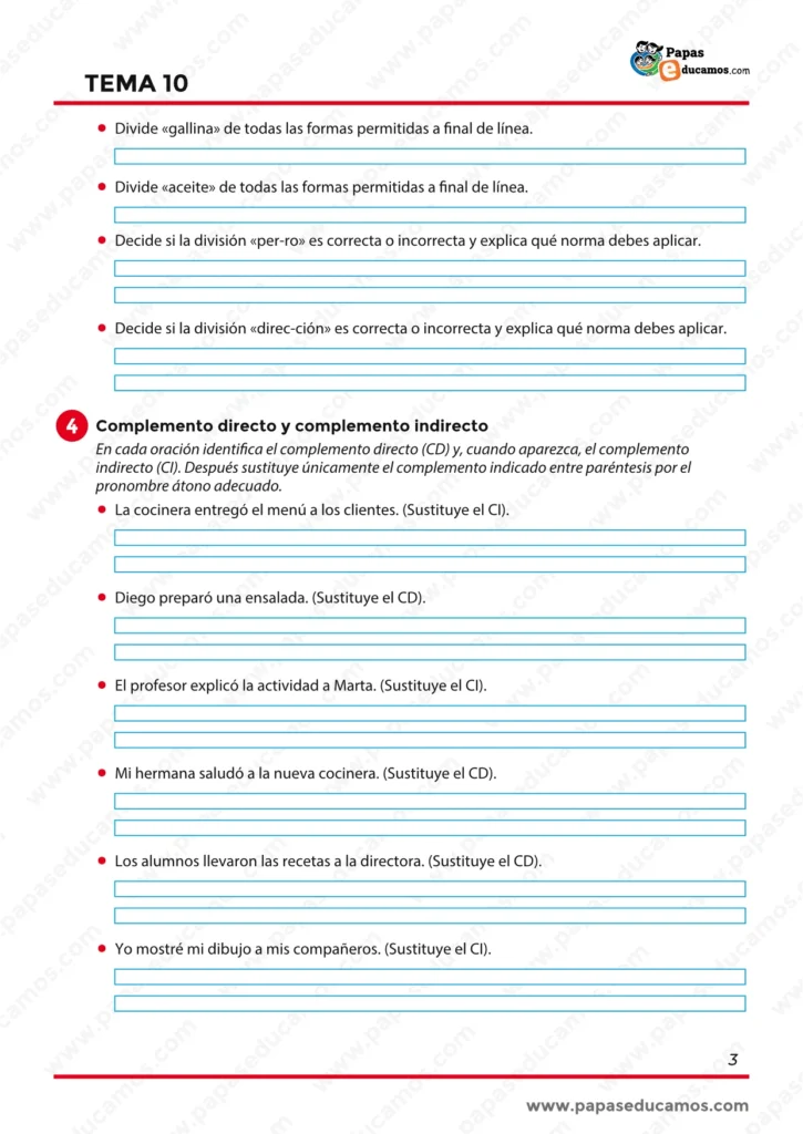 Actividades sobre división de palabras con guion y análisis del complemento directo e indirecto.