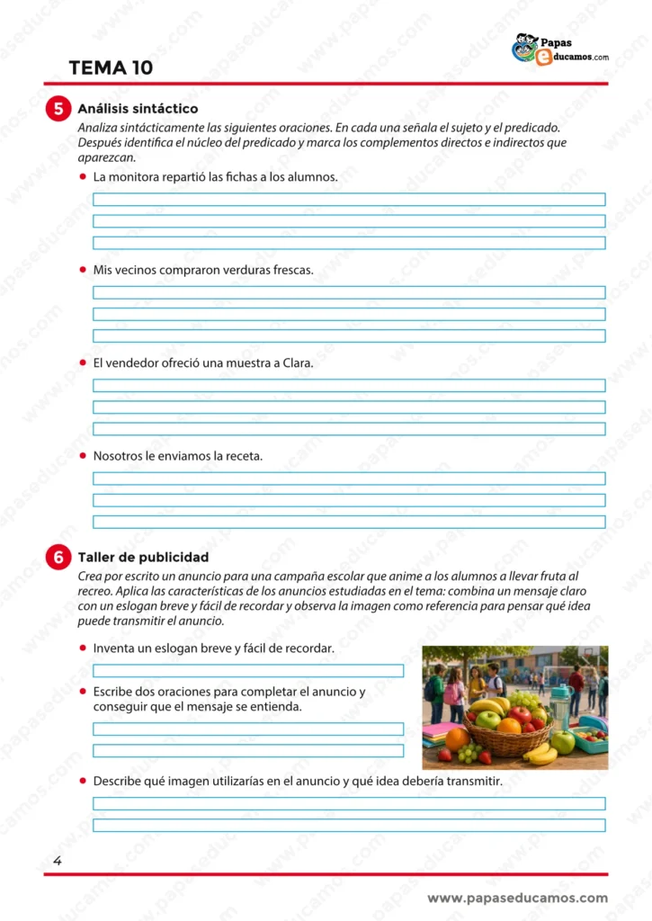 Ejercicios de análisis sintáctico y taller de publicidad para crear un anuncio sobre llevar fruta al recreo.