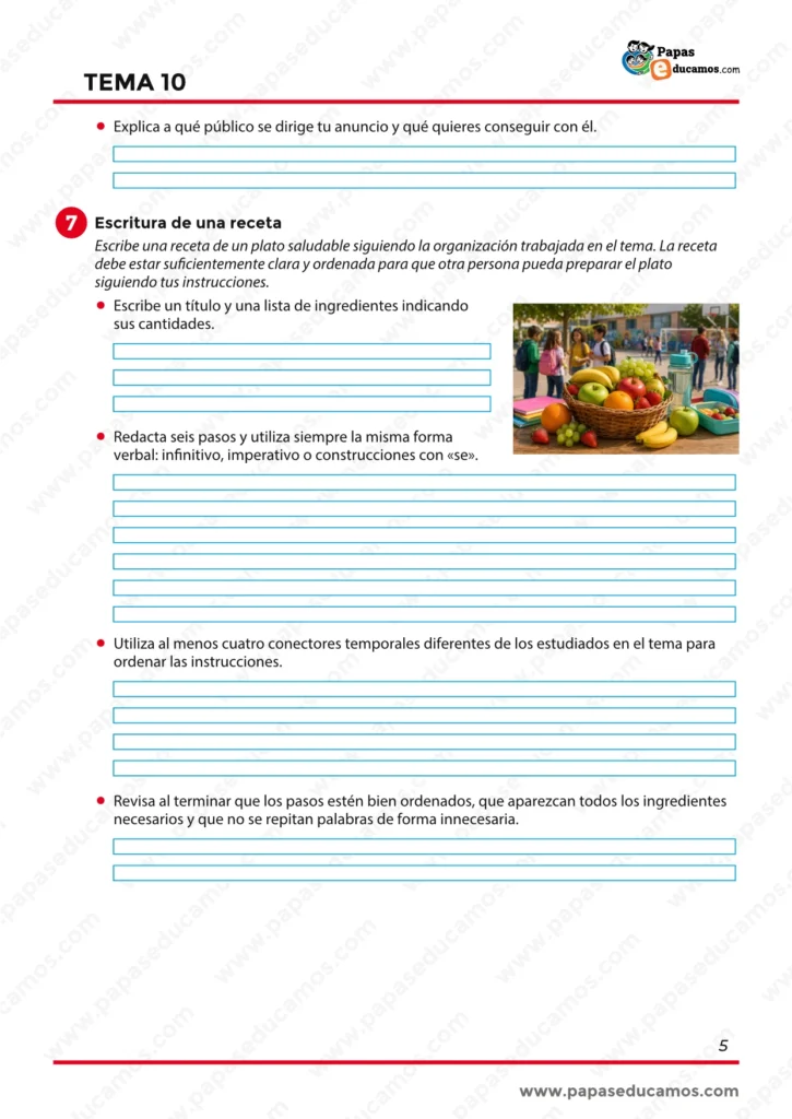 Actividad de escritura para redactar una receta saludable con ingredientes, pasos ordenados y conectores temporales.