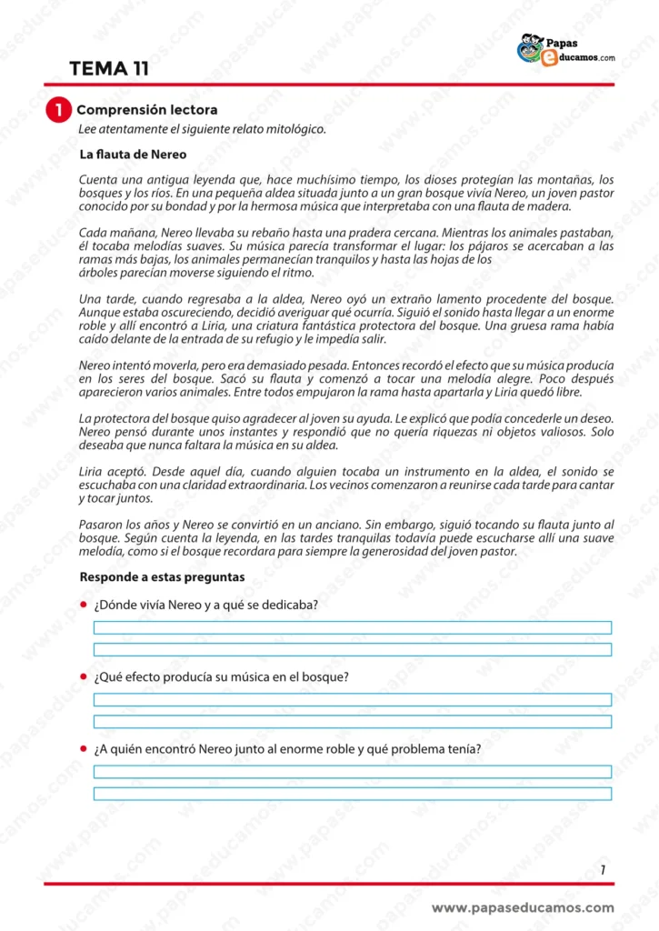 Comprensión lectora del relato mitológico La flauta de Nereo, con preguntas sobre los personajes, la música y la ayuda a Liria.