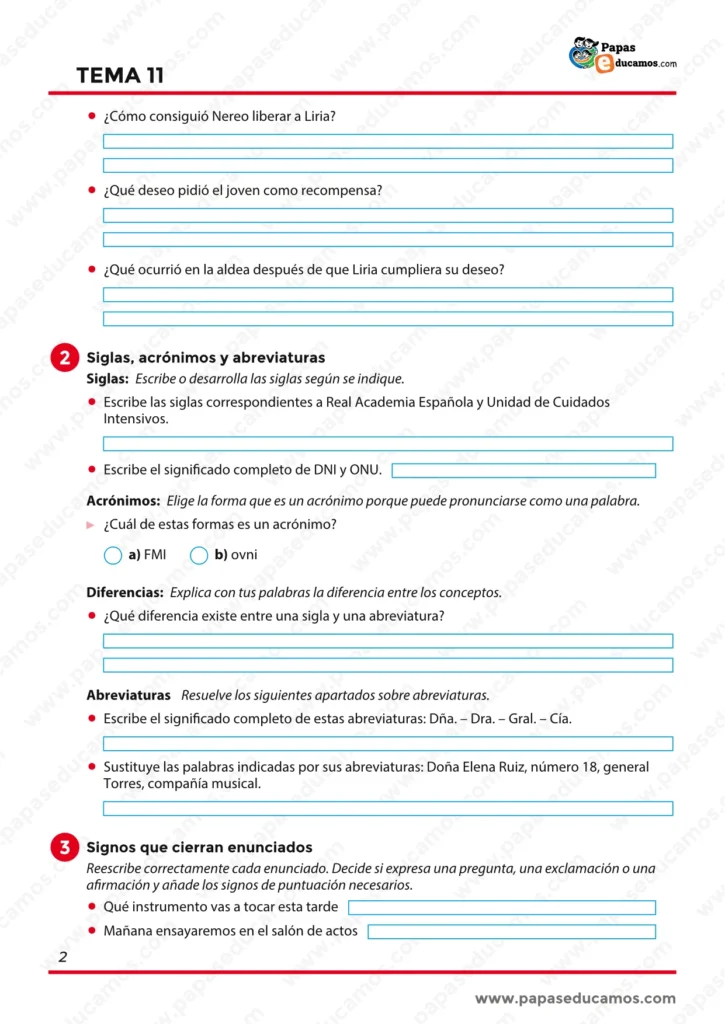 Ejercicios sobre comprensión lectora, siglas, acrónimos, abreviaturas y signos que cierran enunciados.