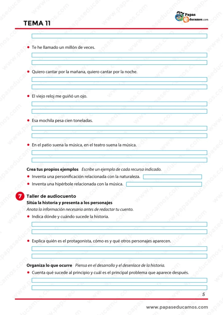 Actividades sobre personificación, hipérbole y paralelismo, además de planificación inicial para redactar un audiocuento.