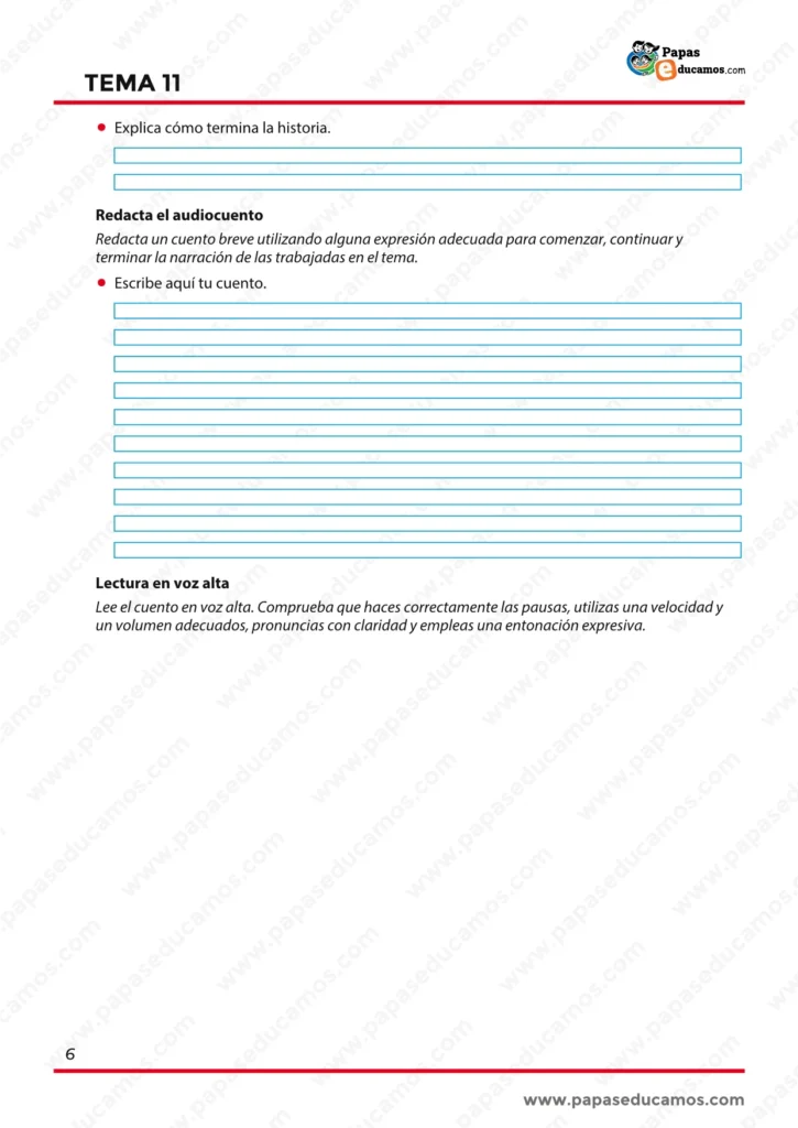 Ejercicio final para redactar un audiocuento y practicar la lectura en voz alta con claridad, pausas y entonación expresiva.