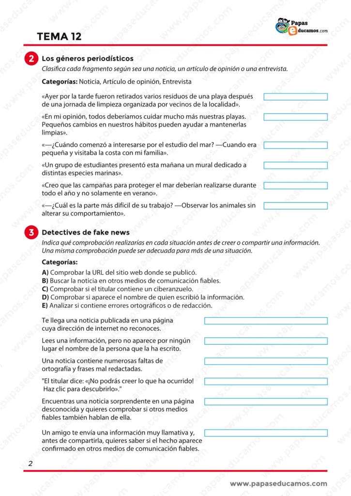 Ejercicios sobre géneros periodísticos y actividades para detectar fake news antes de creer o compartir información.
