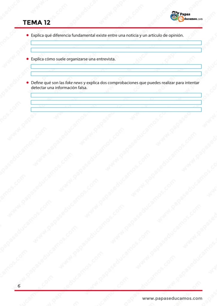 Preguntas finales sobre textos periodísticos, diferencias entre noticia y artículo de opinión, organización de la entrevista y fake news.