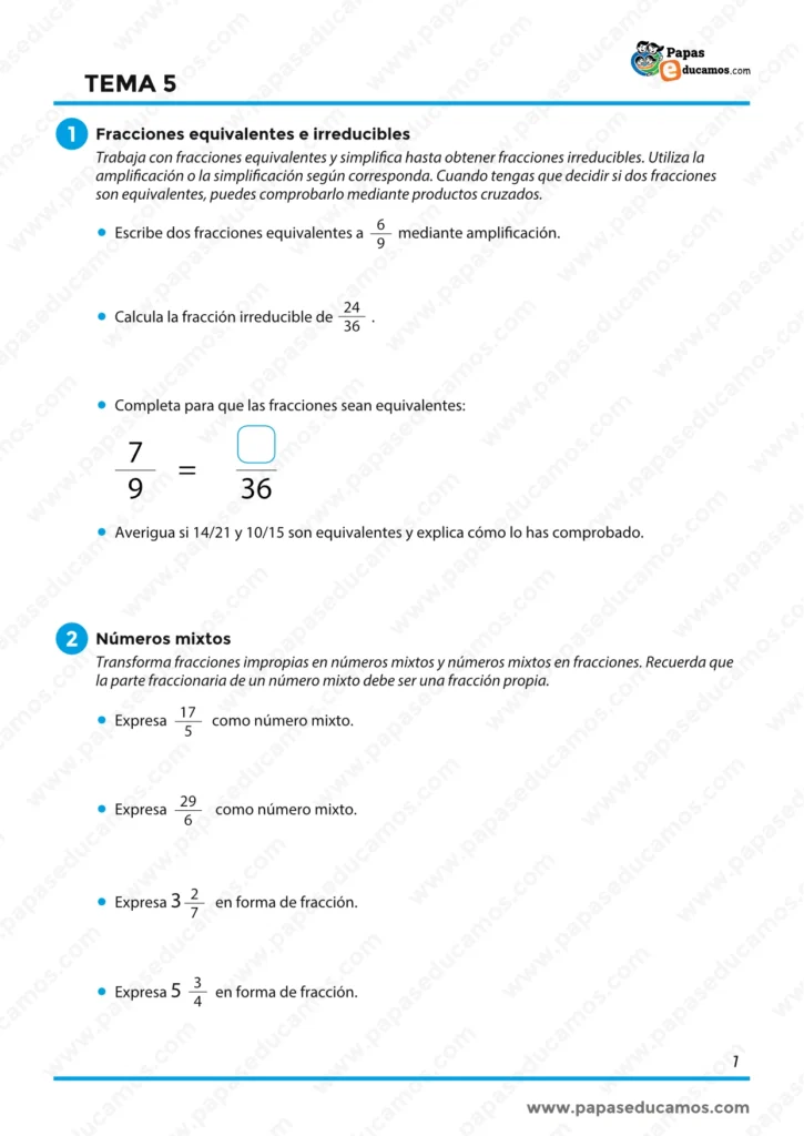 ejercicios_matematicas_tema_05_6_primaria_01 Ejercicios de fracciones equivalentes, fracciones irreducibles y números mixtos.