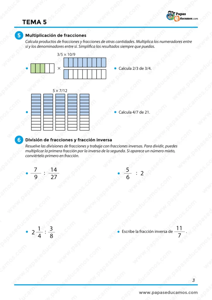 ejercicios_matematicas_tema_05_6_primaria_03 Ejercicios de multiplicación y división de fracciones, fracción inversa y fracciones de cantidades.