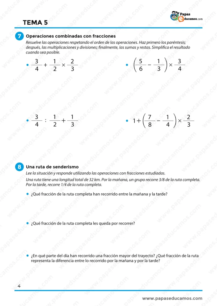 ejercicios_matematicas_tema_05_6_primaria_04 Operaciones combinadas con fracciones y problemas sobre una ruta de senderismo.
