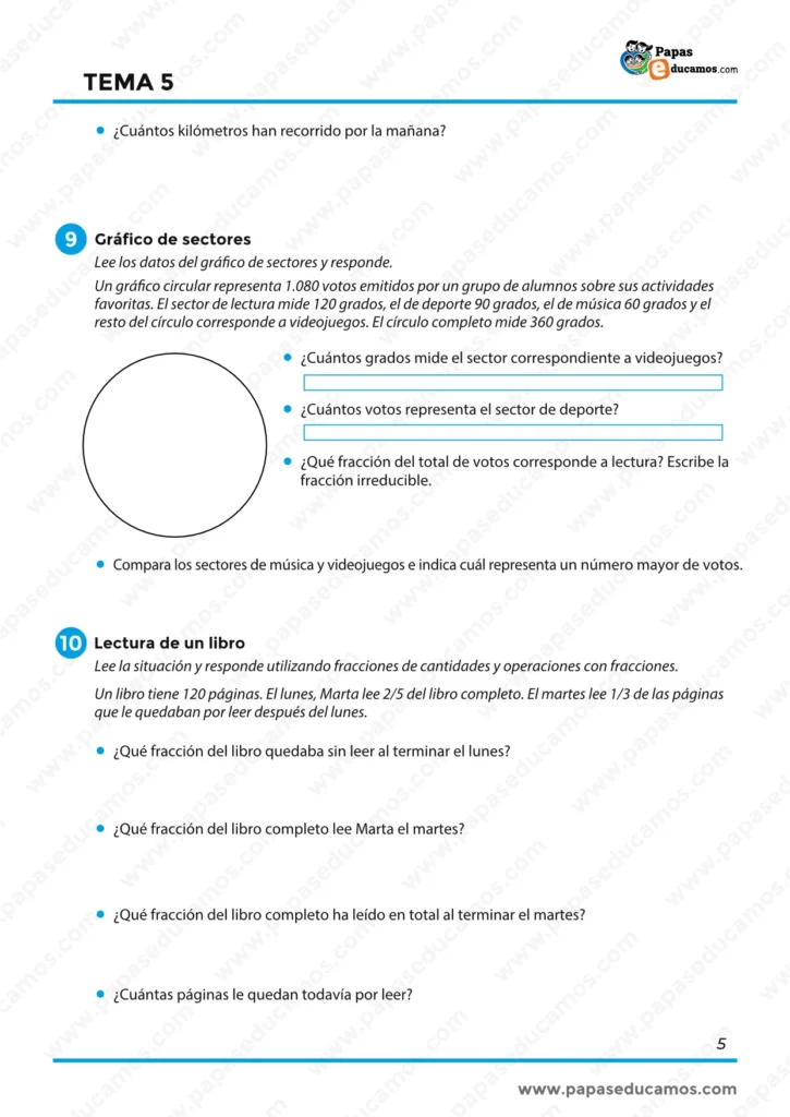 ejercicios_matematicas_tema_05_6_primaria_05 Problemas con fracciones aplicados a un gráfico de sectores y a la lectura de un libro.
