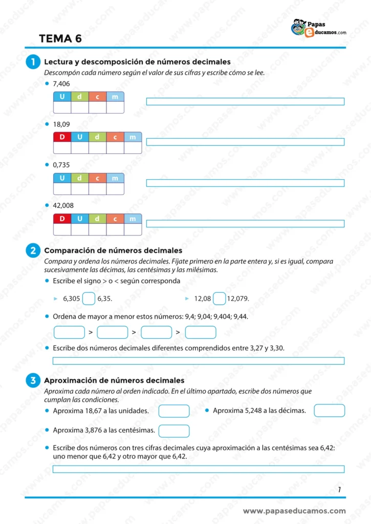 ejercicios_matematicas_tema_06_6_primaria_01 Ejercicios de lectura, descomposición, comparación, ordenación y aproximación de números decimales.