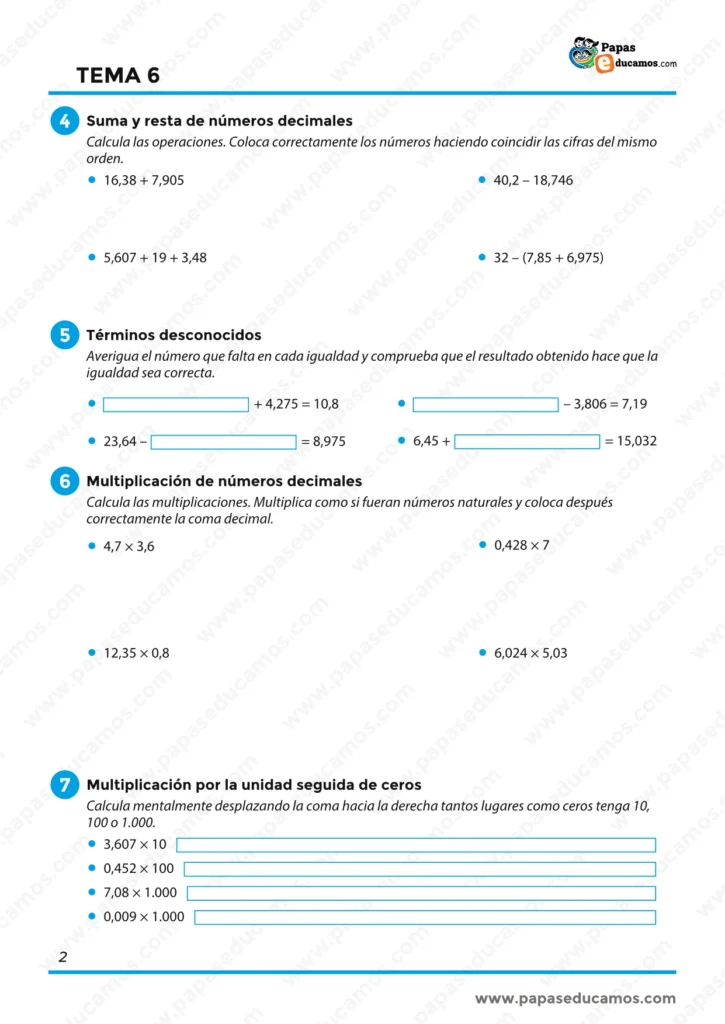ejercicios_matematicas_tema_06_6_primaria_02 Actividades de suma, resta y multiplicación de números decimales, términos desconocidos y multiplicación por la unidad seguida de ceros.