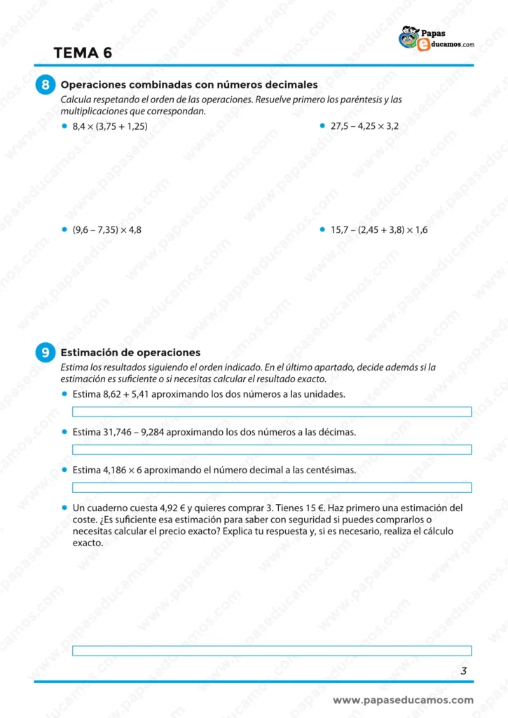 ejercicios_matematicas_tema_06_6_primaria_03 Actividades de suma, resta y multiplicación de números decimales, términos desconocidos y multiplicación por la unidad seguida de ceros.