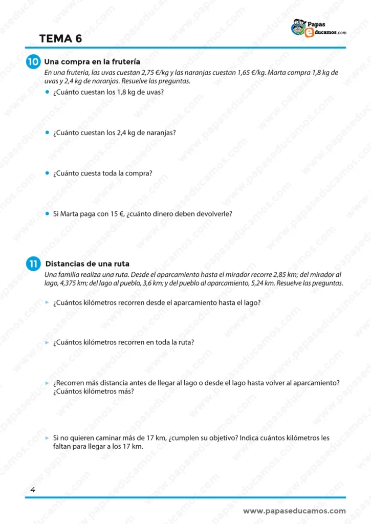ejercicios_matematicas_tema_06_6_primaria_04 Problemas con números decimales sobre una compra en la frutería y las distancias de una ruta.