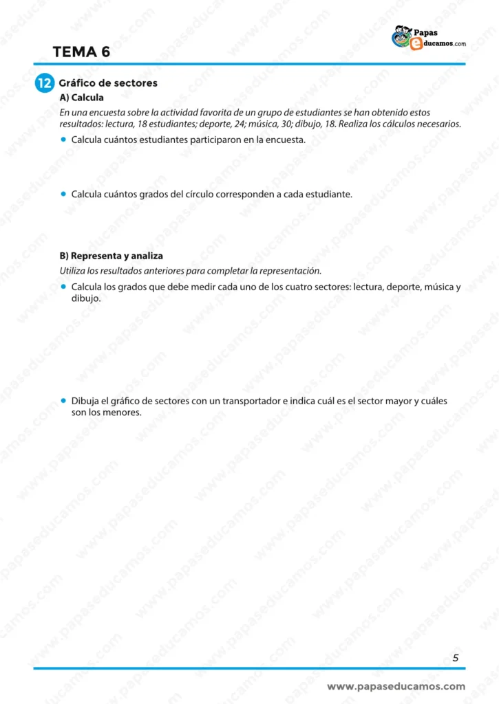 ejercicios_matematicas_tema_06_6_primaria_05 Actividades para calcular, representar y analizar datos en un gráfico de sectores.