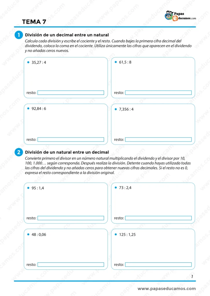 ejercicios_matematicas_tema_07_6_primaria_01 Ejercicios de división de un decimal entre un natural y de un natural entre un decimal.