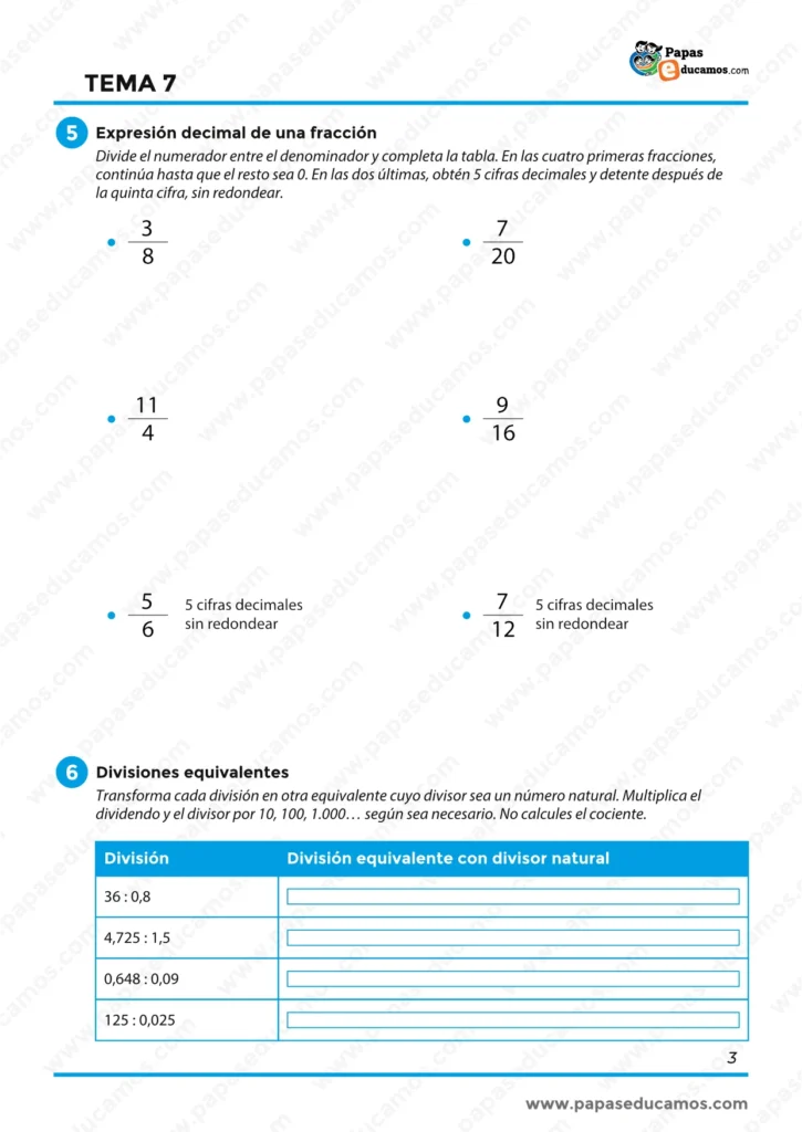 ejercicios_matematicas_tema_07_6_primaria_03 Ejercicios para calcular la expresión decimal de fracciones y transformar divisiones en equivalentes.
