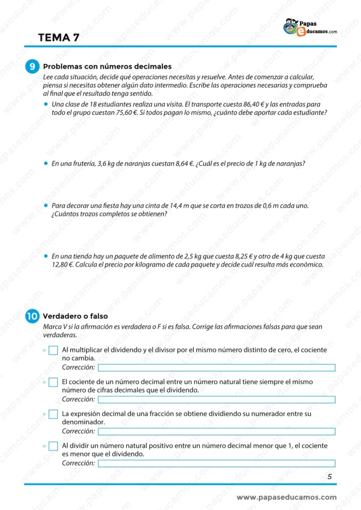 ejercicios_matematicas_tema_07_6_primaria_05 Problemas prácticos con números decimales y ejercicio de verdadero o falso sobre divisiones decimales.