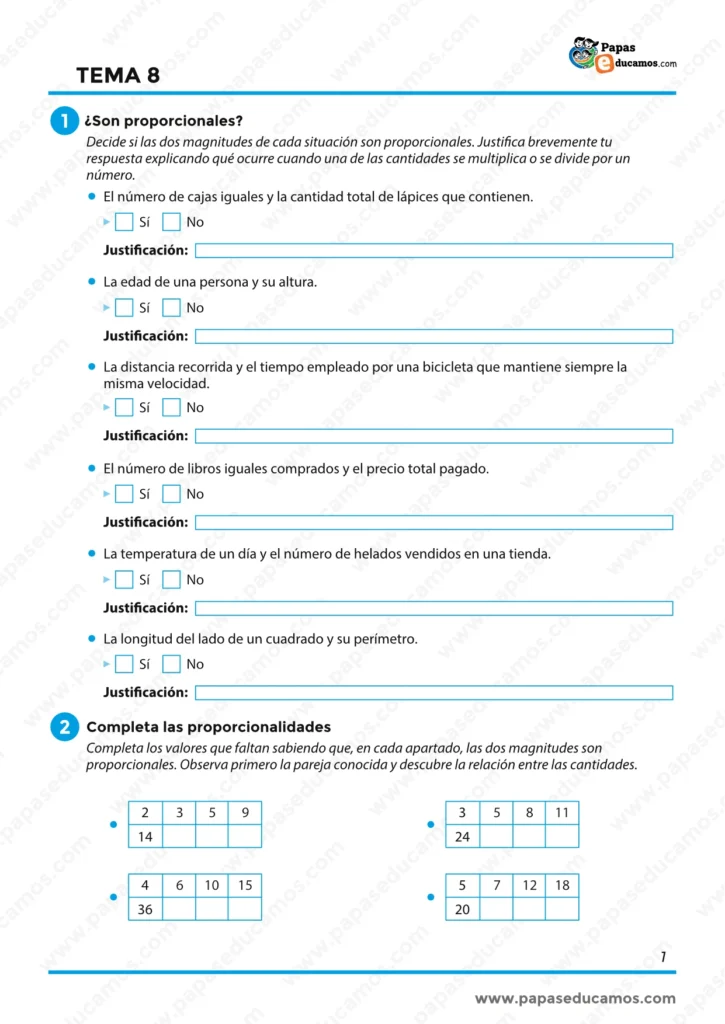 ejercicios_matematicas_tema_08_6_primaria_01 Ejercicios para identificar magnitudes proporcionales y completar tablas de proporcionalidad.