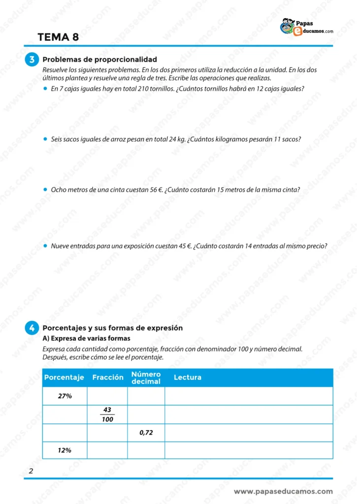 ejercicios_matematicas_tema_08_6_primaria_02 Problemas de proporcionalidad y actividades para expresar porcentajes como fracción, decimal y lectura.