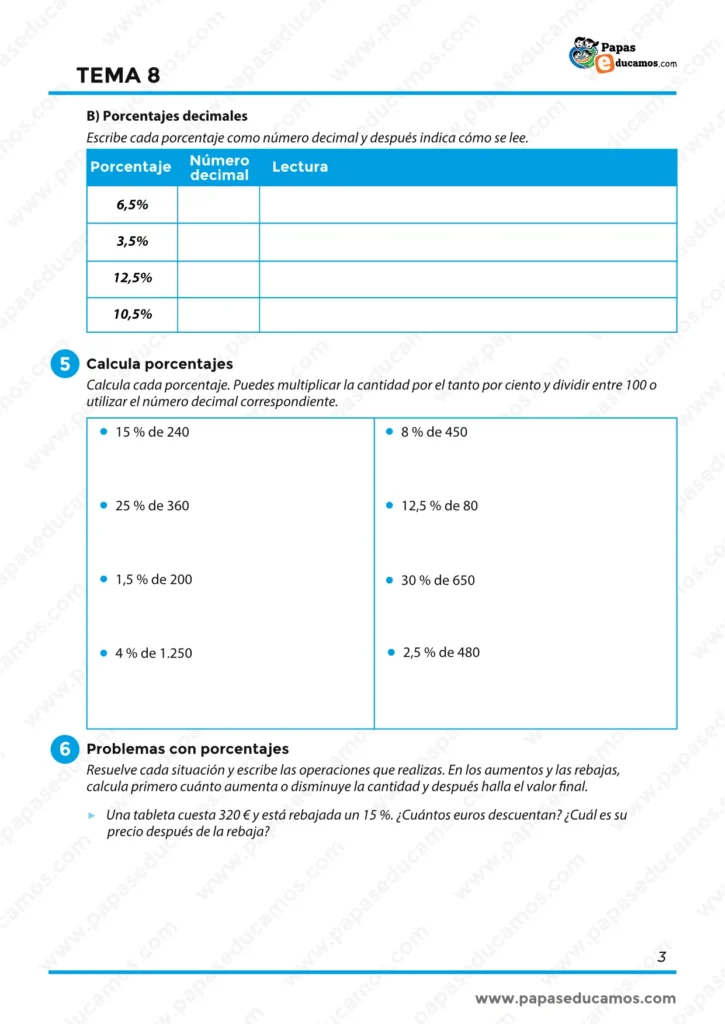 ejercicios_matematicas_tema_08_6_primaria_03 Ejercicios de porcentajes decimales, cálculo de porcentajes y problemas con rebajas.