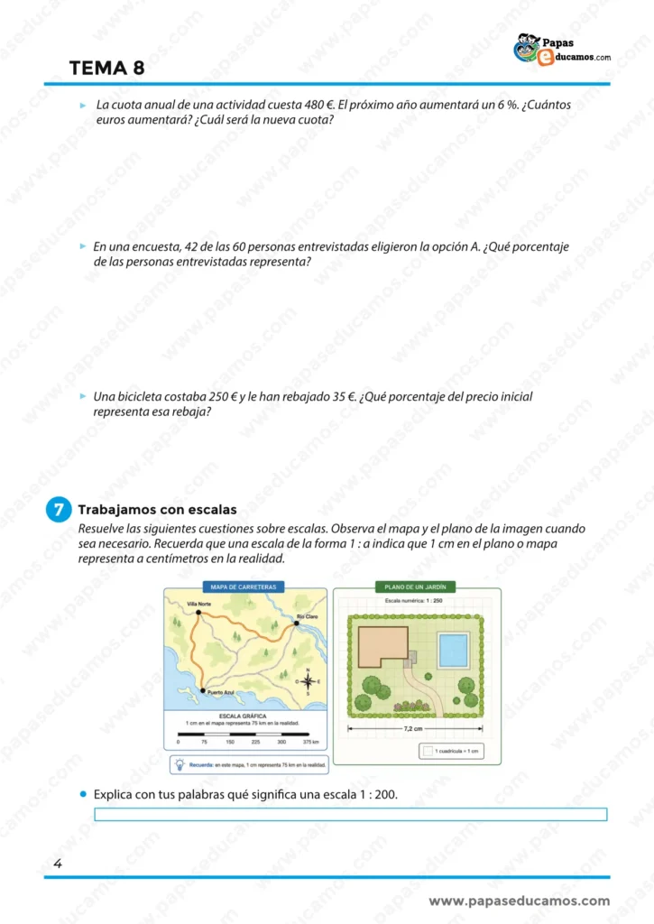 ejercicios_matematicas_tema_08_6_primaria_04 Problemas con porcentajes, aumentos y descuentos, junto con actividades sobre escalas en mapas y planos.