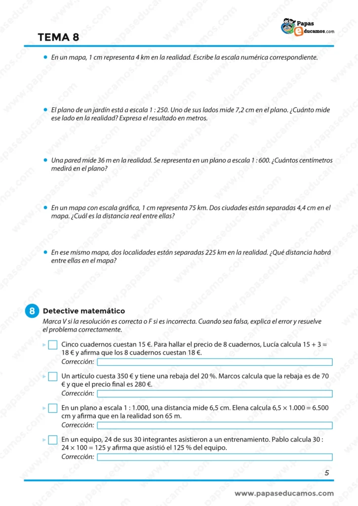 ejercicios_matematicas_tema_08_6_primaria_05 Ejercicios de escalas y actividad de detective matemático para detectar errores en problemas de proporcionalidad y porcentajes.