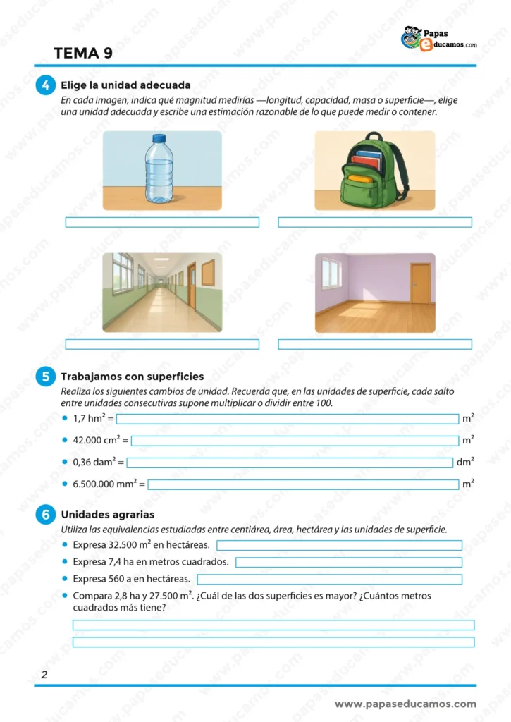 ejercicios_matematicas_tema_09_6_primaria_02 Actividades para elegir unidades adecuadas, trabajar superficies y convertir unidades agrarias.