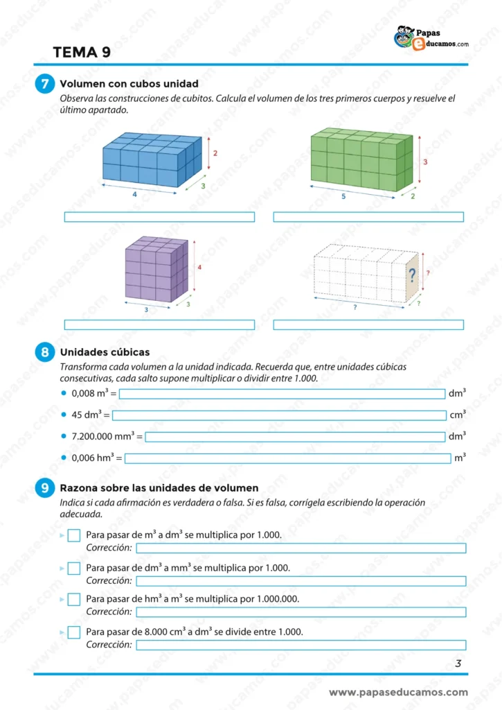 ejercicios_matematicas_tema_09_6_primaria_03 Ejercicios de volumen con cubos unidad, unidades cúbicas y razonamiento sobre conversiones de volumen.