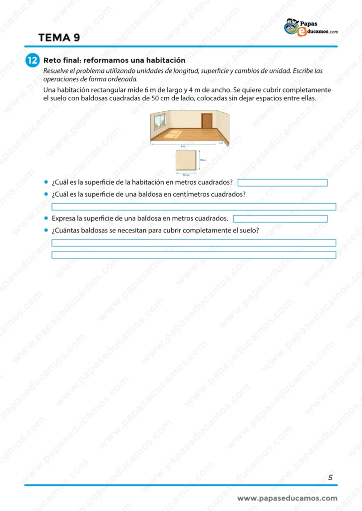 ejercicios_matematicas_tema_09_6_primaria_05 Reto final sobre la reforma de una habitación, con cálculo de superficies y número de baldosas necesarias.