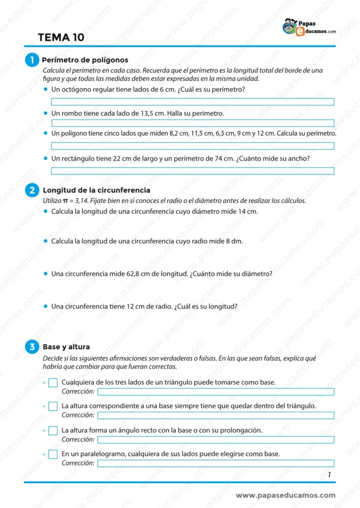 ejercicios_matematicas_tema_10_6_primaria_01 Ejercicios de perímetro de polígonos, longitud de la circunferencia y conceptos de base y altura.