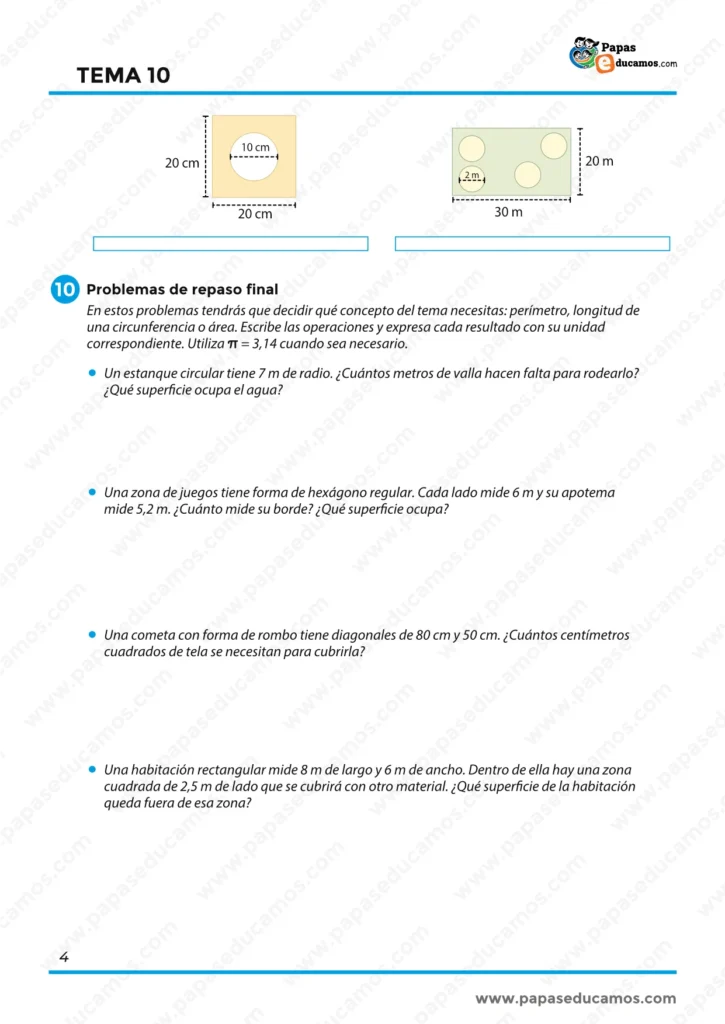 ejercicios_matematicas_tema_10_6_primaria_04 Problemas finales de repaso sobre perímetros, circunferencias, áreas y figuras geométricas.