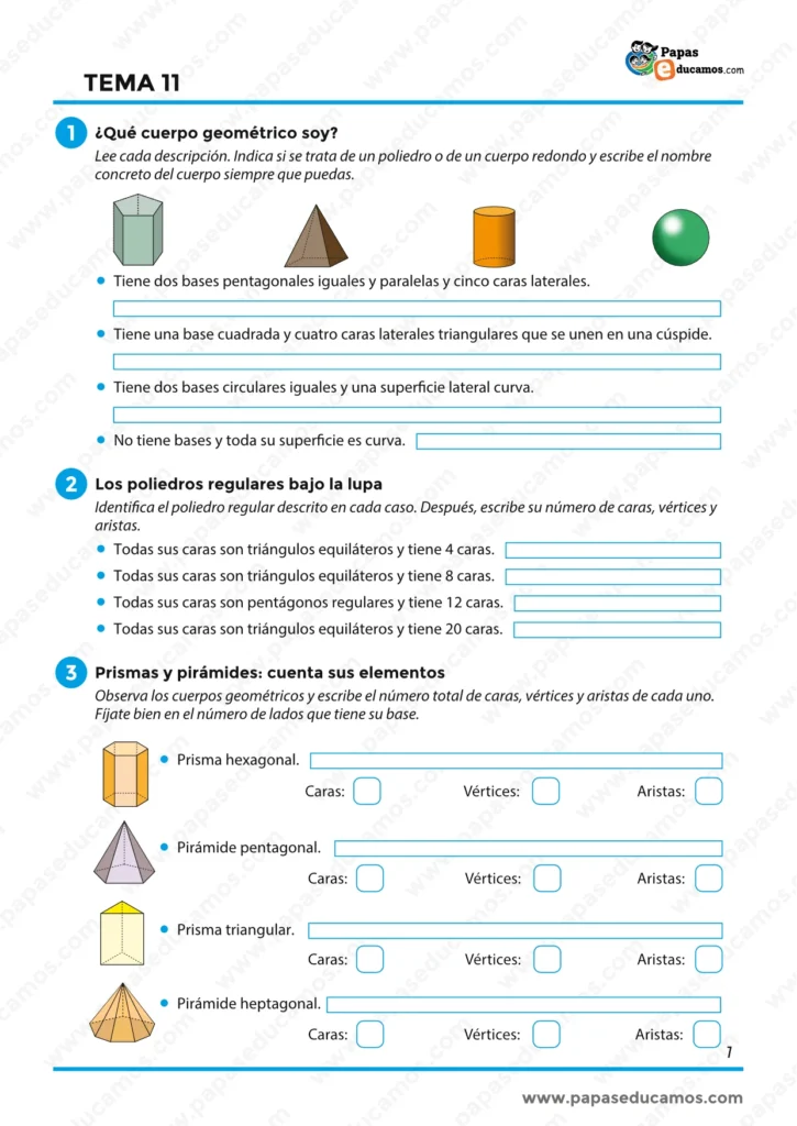 ejercicios_matematicas_tema_11_6_primaria_01 Ejercicios para identificar cuerpos geométricos, poliedros regulares, prismas y pirámides.