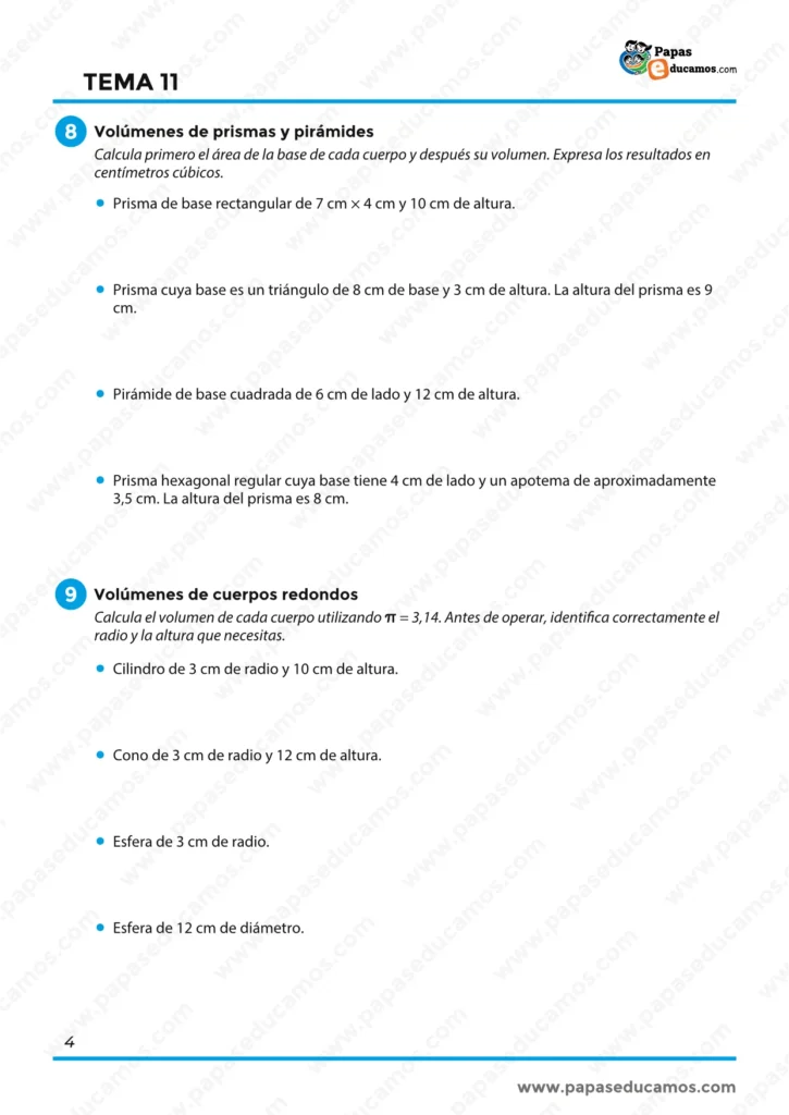 ejercicios_matematicas_tema_11_6_primaria_04 Ejercicios sobre áreas de cilindros, conos y esferas, y desarrollos planos de cuerpos redondos.