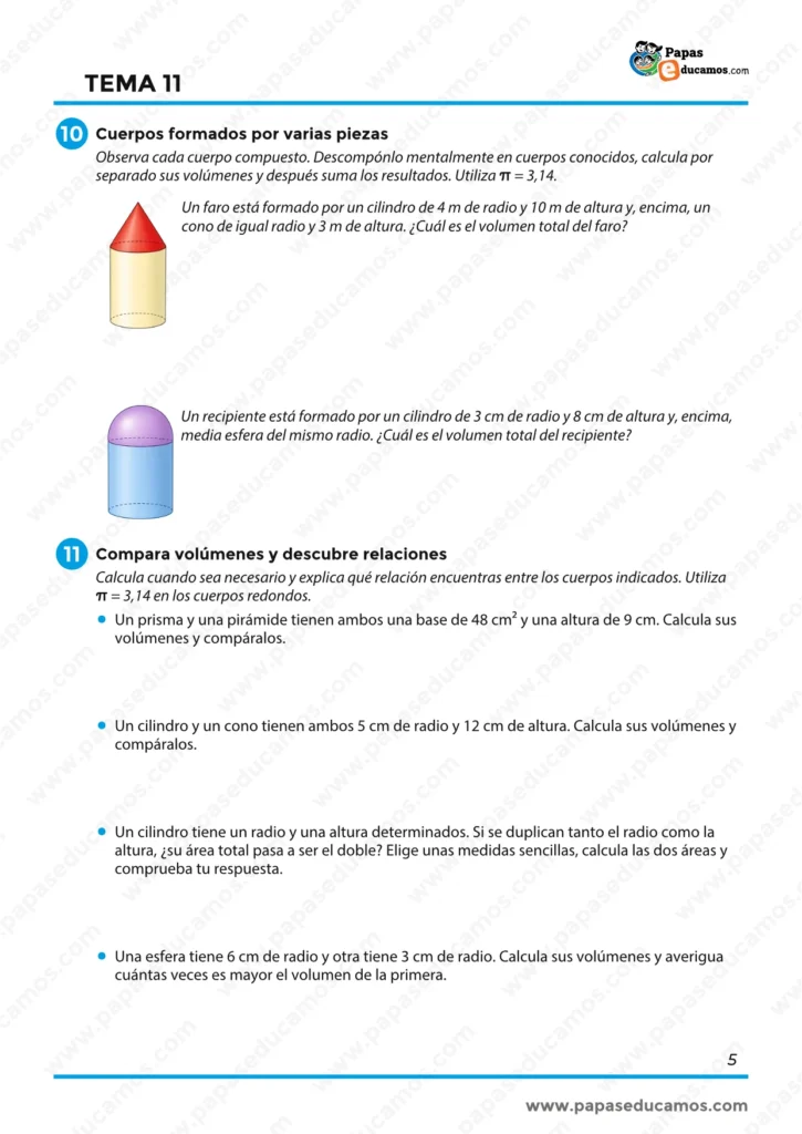 ejercicios_matematicas_tema_11_6_primaria_05 Problemas con cuerpos formados por varias piezas y comparación de volúmenes entre cuerpos geométricos.