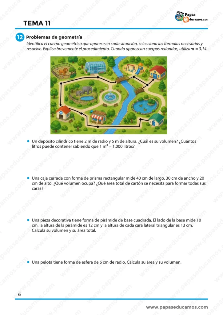 ejercicios_matematicas_tema_11_6_primaria_06 Problemas finales de geometría con depósitos, cajas, pirámides y esferas, aplicando áreas y volúmenes.