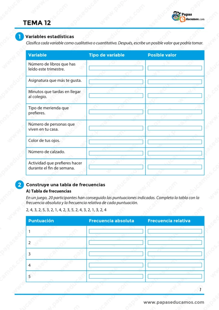 ejercicios_matematicas_tema_12_6_primaria_01 Ejercicios sobre variables estadísticas y construcción de una tabla de frecuencias.